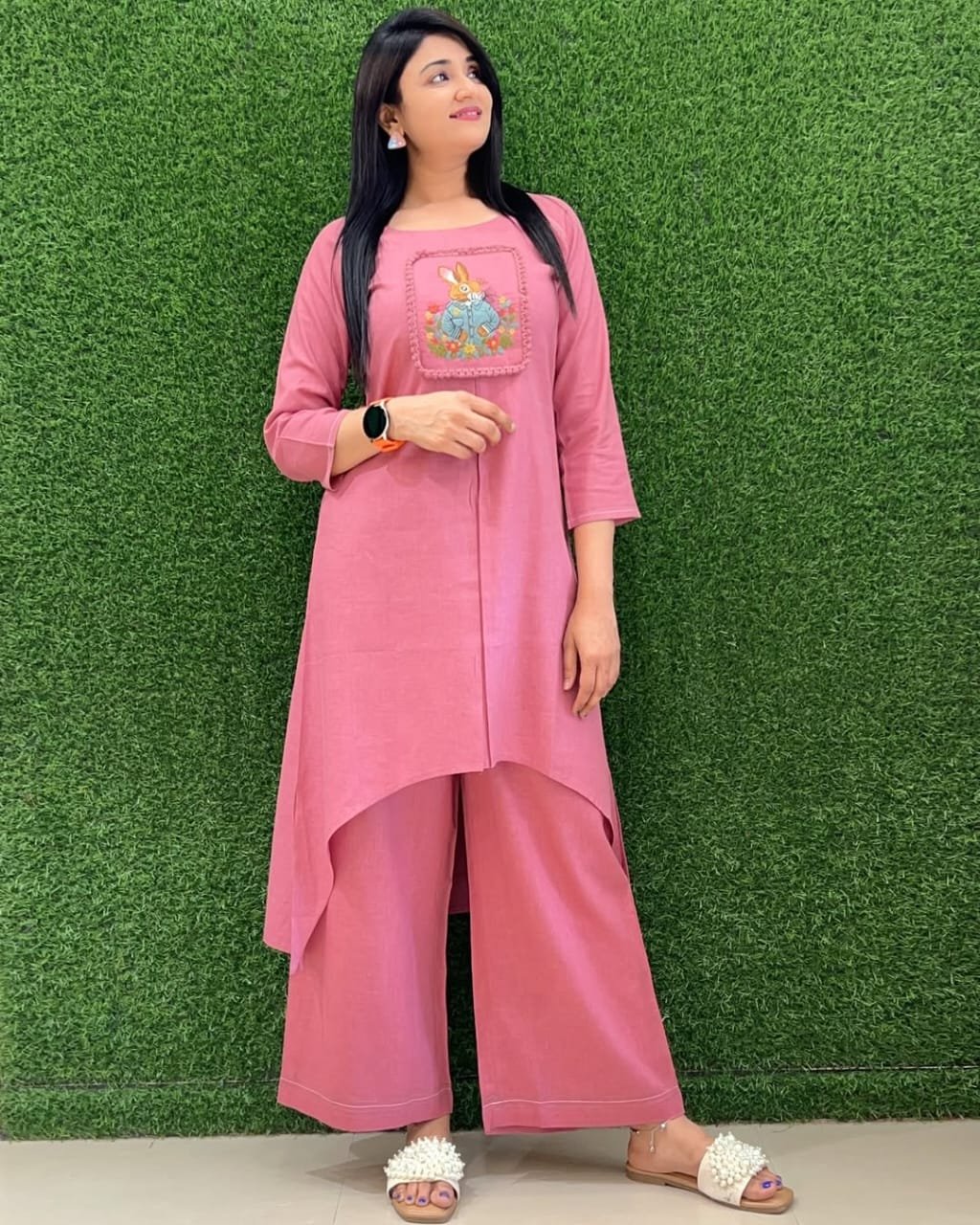 Pink Cotton Slub Embroidered Tunic Set